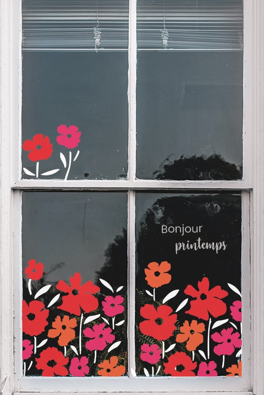 Adhesifs de vitrine KitCustom - collection printemps ete - fleurs colorees - exemple fenetre a carreaux
